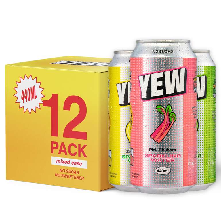 YEW Sparkling Water Mixed Pack - 12 x 440ml Cans, ZERO Sugar, ZERO Sweetener, All Natural Apple, Lemon, and Rhubarb Flavoured Water