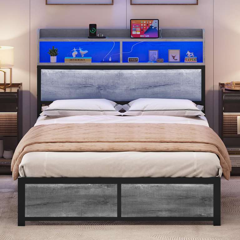 YITAHOME Metal Platform Bed Frame with LED Headboard, USB Ports & Charging Outlets & 2 Tiers Storage Shelves, King Size