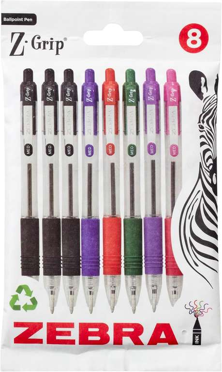 Zebra Z-Grip Assorted Colour Smooth Retractable Ballpoint Pens (Pack of 8)